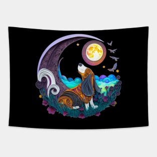 Basset Hound Dog in Space Crescent Moon Planets Stars Cute Tapestry