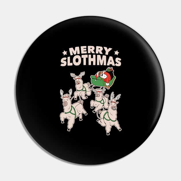 Merry Slothmas Christmas Sloth & Llamas on Santa's Sleigh Pin by tobzz