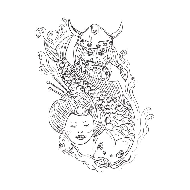 Viking Carp Geisha Head Black and White Drawing by patrimonio