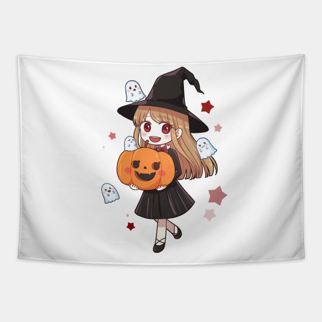 Cute Halloween Anime Witch, Ghost & Pumpkin Tapestry by Hiro Fiction