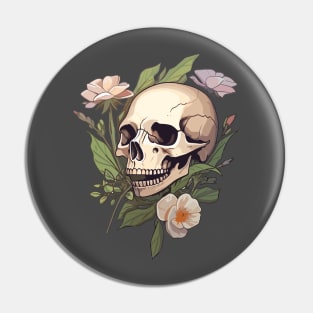 Skeleton Skull and Flowers Pin