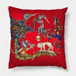 WEIRD BESTIARY,MEDIEVAL KNIGHT FIGHTING SNAIL,DRAGON AND LION IN ROYAL RED Pillow