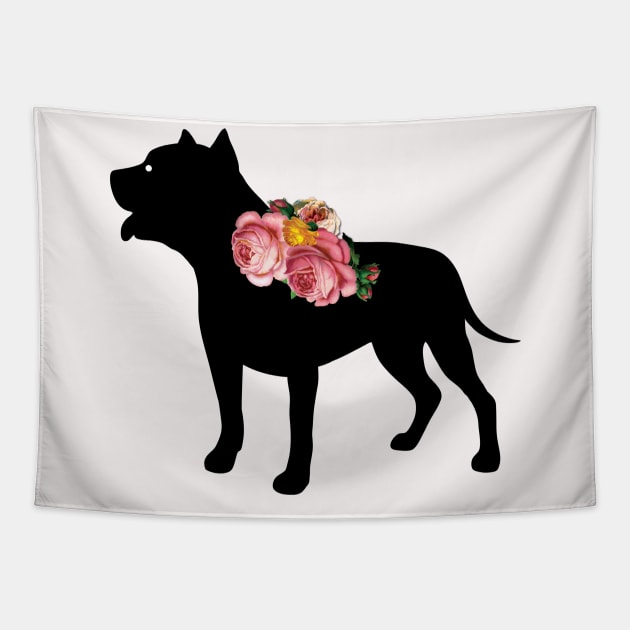 Pit Bull Dog Silhouette with Roses Tapestry by LizzyizzyDesign