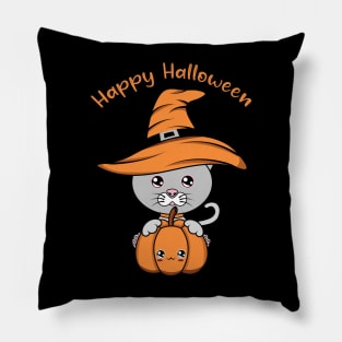 Happy Halloween Cute Cat, Kawaii black cat with pumpkin Pillow