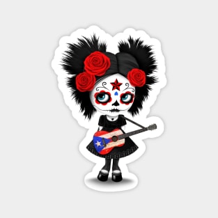 Sugar Skull Girl Playing Puerto Rican Flag Guitar Magnet