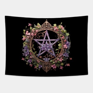 Floral Watercolor Wiccan Pentagram Tapestry