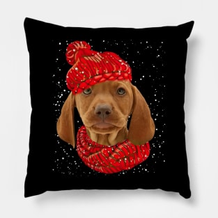 Vizsla Wearing Red Hat And Scarf In Snow Christmas Pillow