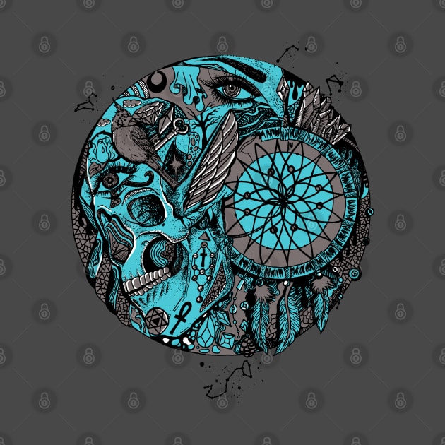 Blue Grey Skull and Dreamcatcher Circle by kenallouis