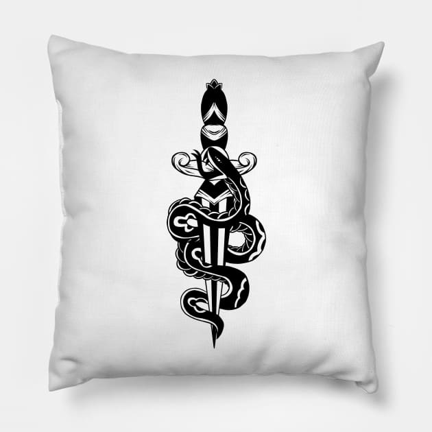 old school snake tattoo Pillow by Haunted House Tattoo