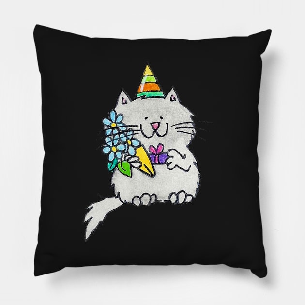 Gray birthday cat Pillow by nicolejanes