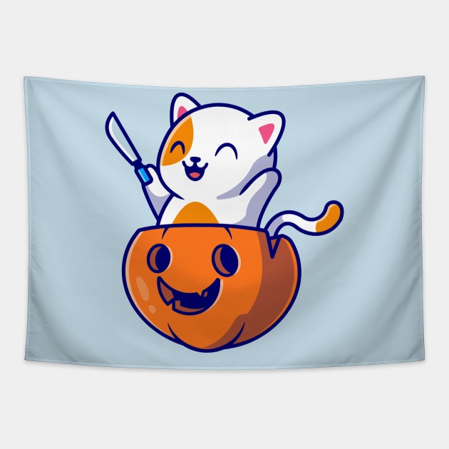 Cute Cat Holding Knife In Pumpkin Helloween Cartoon Tapestry by Catalyst Labs
