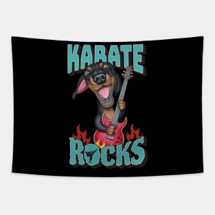 Karate Rocks with Doxie Dog Dachshund with guitar rocks tee Tapestry