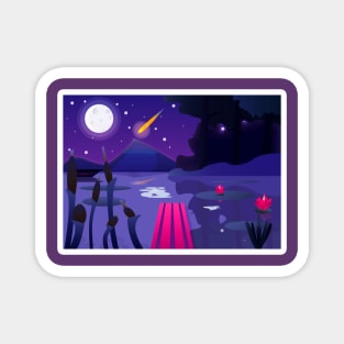 Night Lake Aesthetic Moon Comet Lotus Magnet