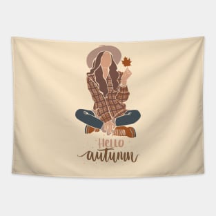 Hello autumn girl holding maple leaf Tapestry