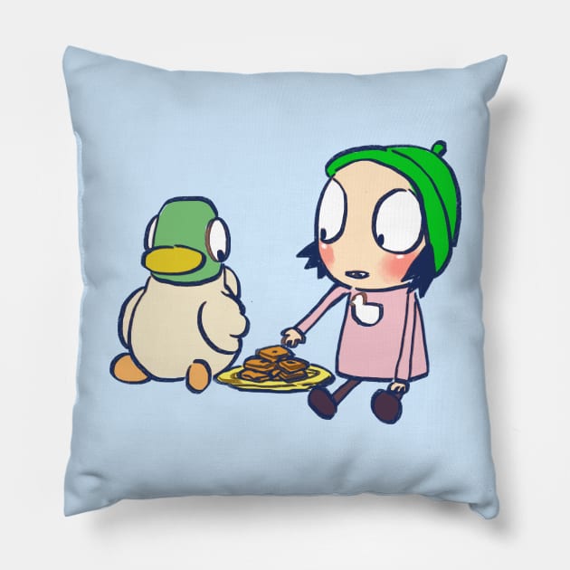 sarah and duck sharing cookies / children's cartoon Pillow by mudwizard