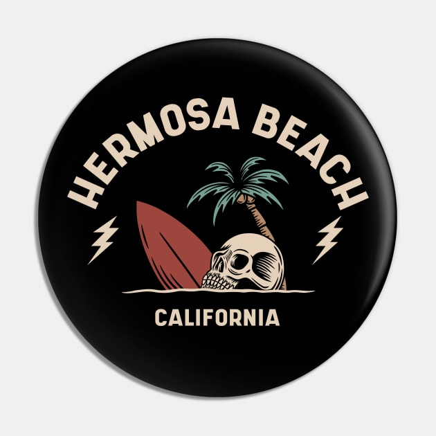 Vintage Surfing Hermosa Beach California // Retro Surf Skull Pin by Now Boarding