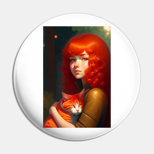 A red curly hair girl holds a red cat Pin by Fun and Cool Tees