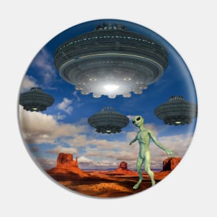 Alien UFO Cruising Over Desert - Alien Being Watching Pin
