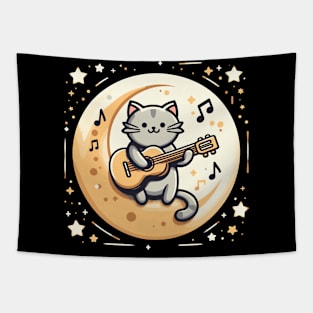 Cute Cat Guitarist with Moon Background - Cool Illustration Tapestry