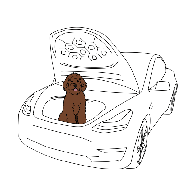 Labradoodle in a Tesla Model 3 Frunk by Shannon Marie