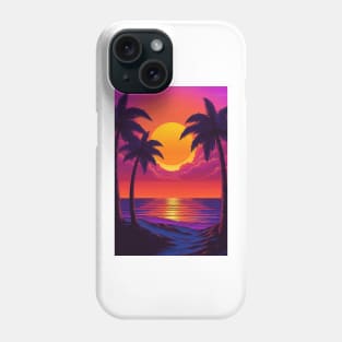 Illustration of an 80s Synthwave retro sunset with palm trees on the beach Phone Case