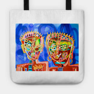 Black Masks on Blue by Jon Stucky Tote