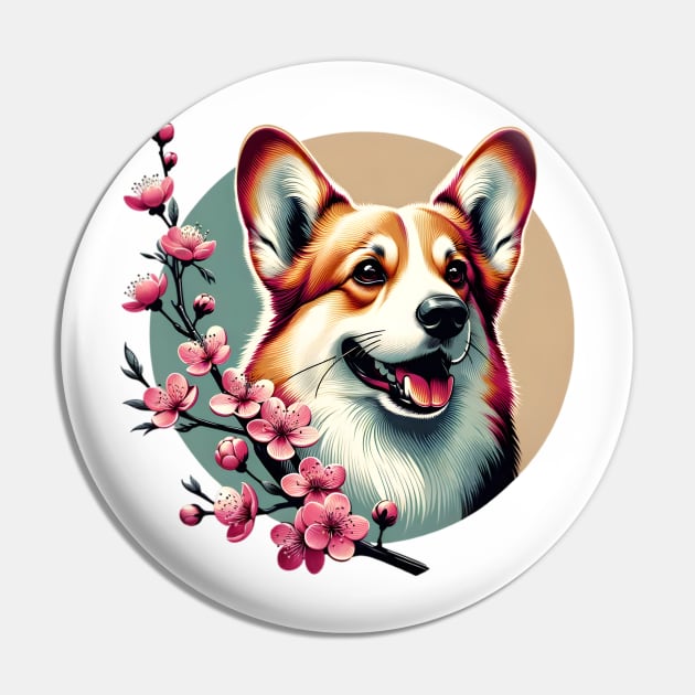 Pembroke Welsh Corgi's Spring Cherry Blossoms Delight Pin by ArtRUs