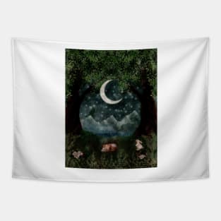 Enchanted Forest Oil Painting Mountains Mushrooms White Rabbit and Sleeping FOx Tapestry