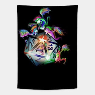 Cute tiny dragons looking into a glowing d20 dnd dice Tapestry