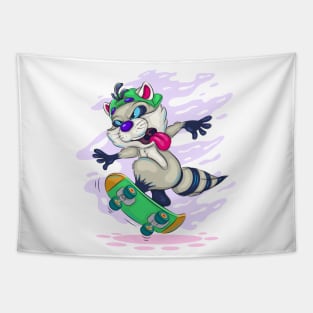 Cartoon raccoon skateboarder Tapestry