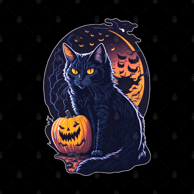 Halloween Black Cat with Pumpkin - Retro Meowloween by Cattingthere