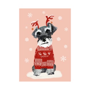 Christmas Miniature Schnauzer in Woolly Jumper and Reindeer Antlers T-Shirt