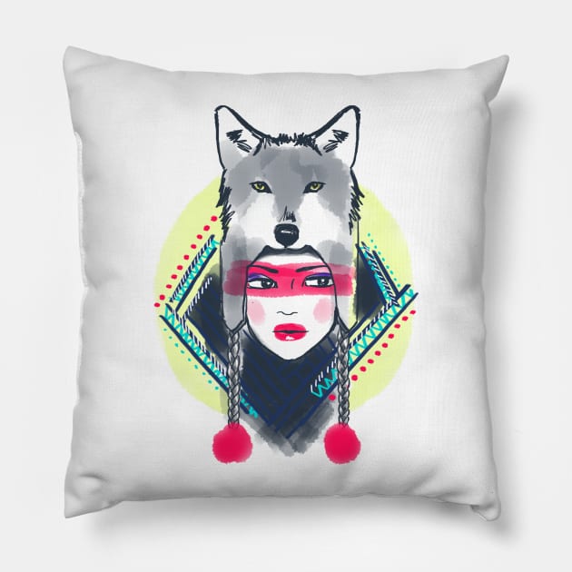 Girl with wolf hat Pillow by dejaliyah