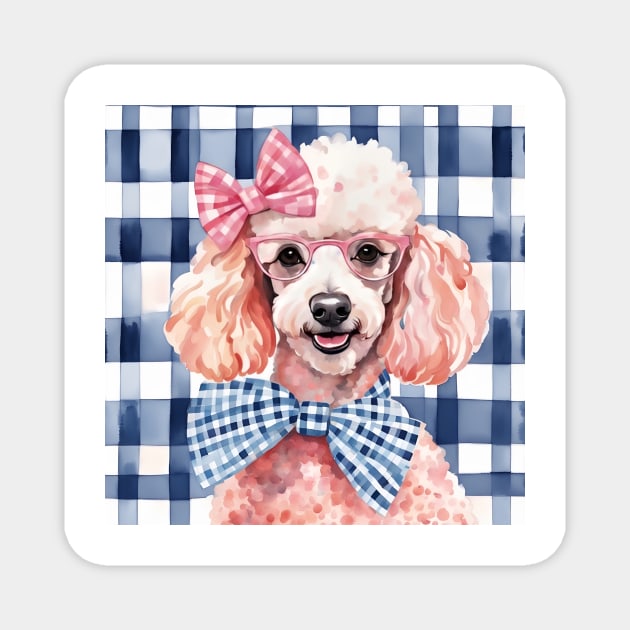 Poodle in pink glasses on blue gingham Magnet by SophieClimaArt