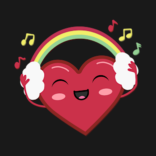 Cute Heart With Rainbow Headphones Listening to Music. Kawaii Style. T-Shirt