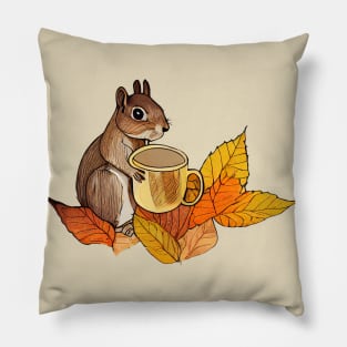 Squirrel drinking coffee, autumn scene Pillow