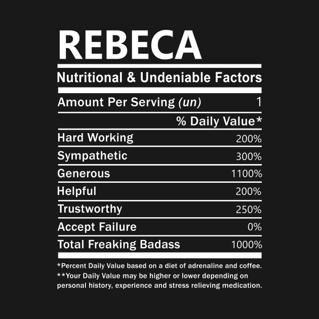 Rebeca Name T Shirt - Rebeca Nutritional and Undeniable Name Factors Gift Item Tee by nikitak4um