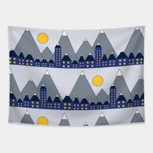 Blue houses in front of snowy mountains and the moon. Geometric shapes winter night. Blue yellow white and gray winter print. Winter village. Tapestry