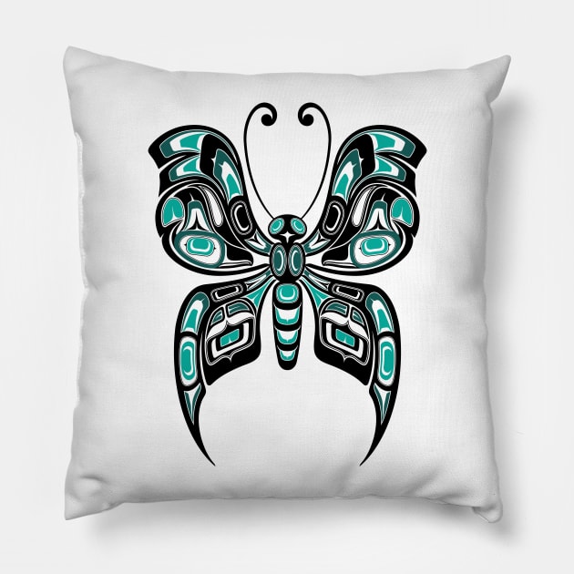 Teal Blue and Black Haida Spirit Butterfly Pillow by jeffbartels