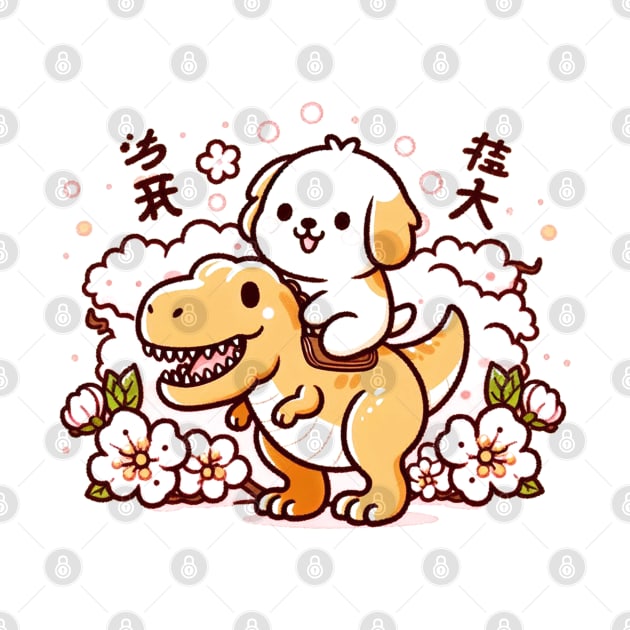 Kawaii Golden Retriever Riding T Rex by ArtisanEcho