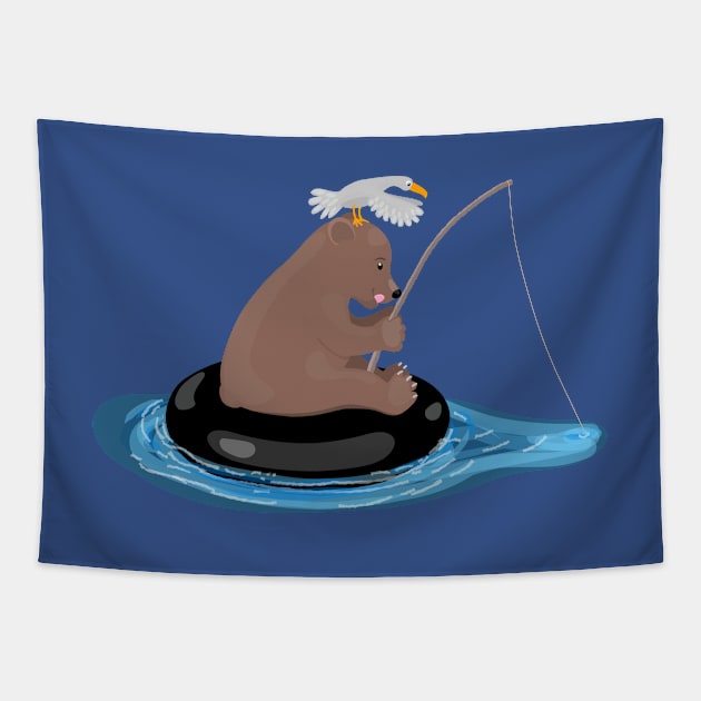 Cute bear cub fishing cartoon illustration Tapestry by FrogFactory