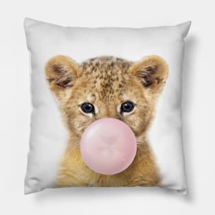 Baby Lion Blowing Bubble Gum, Pink Nursery, Baby Animals Art Print by Synplus Pillow