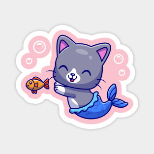 Cute Mermaid Cat With Fish Cartoon Magnet