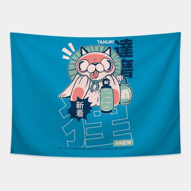 Funny Retro 90s Japanese Kawaii Tanuki Yokai Cat Tapestry by Hmus