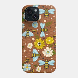 Blooming Flowers and Bees on Brown Phone Case