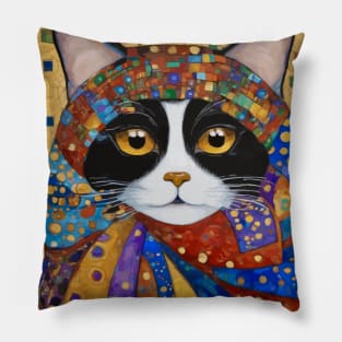 Gustav Klimt Tuxedo Cat with Colorful Scarf Pillow