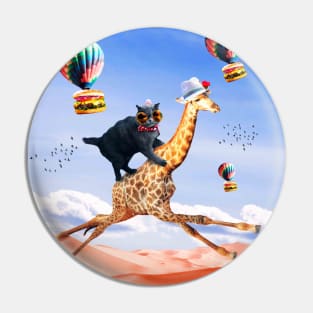 Cat Giraffe - Cat Riding Flying Giraffe with Burger Pin