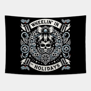 Wheelin’ in the holidays - Motorcycle Christmas wreath Tapestry