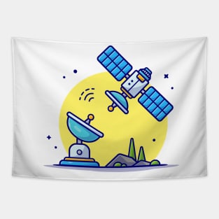 Flying Satellite with Antenna Space Cartoon Vector Icon Illustration Tapestry