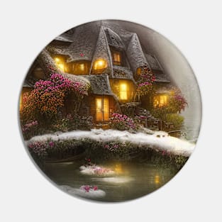 Magical Fantasy House with Lights in a Snowy Scene, Fantasy Cottagecore artwork Pin